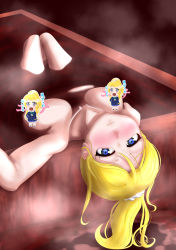 Rule 34 | 1girl, absurdres, ayase eli, bare legs, bare shoulders, blonde hair, blue eyes, blush, breasts, censored, censored nipples, character censor, collarbone, commentary request, female focus, hair between eyes, hair ornament, hair scrunchie, high ponytail, highres, hot tub, kotori04nohito, long hair, looking at viewer, love live!, love live! school idol project, medium breasts, novelty censor, nude, parted lips, partially submerged, ponytail, scrunchie, short hair, smile, solo, translated, translation request, upside-down, water, white scrunchie