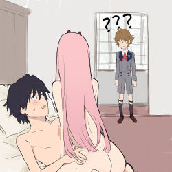 Rule 34 | 10s, 1girl, 2boys, ?, ??, ahoge, bed sheet, black hair, blush, brown footwear, brown hair, couple, darling in the franxx, fringe trim, girl on top, hand on another&#039;s hip, hetero, highres, hiro (darling in the franxx), horns, k 016002, long hair, long sleeves, looking at another, male focus, military, military uniform, multiple boys, necktie, nude, oni horns, pillow, pink hair, red horns, red neckwear, scar, scar on chest, scar on face, sex, shoes, short hair, sketch, socks, source request, straddling, uniform, upright straddle, zero two (darling in the franxx), zorome (darling in the franxx)