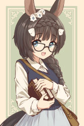 Rule 34 | 1girl, :d, animal ears, bag, black hair, blue eyes, blue sweater, book, braid, braided ponytail, collared shirt, cup, glasses, highres, holding, holding cup, horse ears, horse girl, horse tail, long hair, long sleeves, looking at viewer, low ponytail, mikuru ism, open mouth, satchel, shirt, shoulder bag, skirt, smile, solo, sweater, tail, umamusume, v-neck, white shirt, zenno rob roy (umamusume)