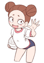 Rule 34 | 1girl, alternate costume, arched back, ball, black eyes, blue buruma, blush, blush stickers, brown hair, buruma, child, cowboy shot, cropped legs, double bun, fangs, female focus, forehead, freckles, gym uniform, hair bun, hand up, happy, holding, holding ball, leaning forward, lowres, miura akira, nollety, open mouth, shirt, short hair, short sleeves, simple background, sketch, smile, solo, standing, volleyball (object), waving, white background, white shirt, youkai watch