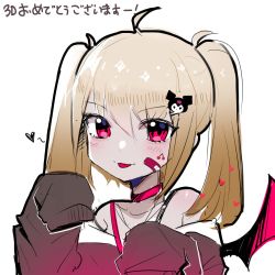Rule 34 | 1girl, bandaid, bandaid on face, black sweater, blonde hair, blush, demon girl, demon horns, facial mark, hair ornament, highres, horns, kuromi, looking at viewer, makaino ririmu, mixed-language commentary, nijisanji, nun bora (artist), off shoulder, onegai my melody, portrait, red eyes, sanrio, sketch, smile, solo, sweater, tongue, tongue out, twintails, virtual youtuber