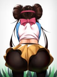 Rule 34 | 1girl, ass, ass focus, back, bow, brown hair, creatures (company), double bun, feet out of frame, game freak, grass, grey background, hair bun, highres, kevbot, nintendo, pantyhose, pokemon, pokemon bw2, rosa (pokemon), shirt, simple background, solo, squatting, twintails