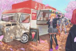 Rule 34 | 1boy, 2girls, ahoge, alternate costume, backpack, bag, blonde hair, blue eyes, breasts, cellphone, cherry blossoms, collared shirt, contemporary, crepe, food, food truck, gorg (xenoblade), grey skirt, hair between eyes, hair ornament, high-waist skirt, highres, horns, jacket, kora (xenoblade), lightning bolt, lightning bolt hair ornament, lightning bolt print, lightning bolt symbol, long sleeves, medium breasts, motor vehicle, multiple girls, nail polish, necktie, nintendo, one eye closed, open clothes, open jacket, outdoors, phone, pink footwear, pink nails, pleated skirt, pointy ears, red hair, selfie, sheba (xenoblade), shirt, shoes, short hair, signature, skirt, smartphone, smile, sneakers, sou (pale 1080), thighhighs, tongue, tongue out, truck, white shirt, xenoblade chronicles (series), xenoblade chronicles 2, zettai ryouiki