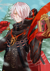 Rule 34 | 1boy, absurdres, bishounen, black coat, buckle, christmas, coat, fate/grand order, fate (series), gift, gloves, green eyes, hair over one eye, highres, karna (fate), karna (santa) (fate), light smile, looking at viewer, male focus, red gloves, sky, snow, tree, tsugu0302, upper body, white hair