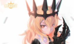 Rule 34 | 1girl, black rock shooter, blonde hair, blurry, brown eyes, character name, chariot (black rock shooter), claws, closed mouth, crown, depth of field, english text, female focus, hair between eyes, litra (ltr0312), long hair, looking at viewer, solo, upper body, white background
