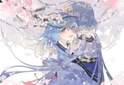 Rule 34 | 280548709, 2girls, :d, absurdres, blue eyes, blue hair, blurry, blurry foreground, branch, cherry blossoms, dappled sunlight, falling petals, fangs, fingerless gloves, flower, gloves, gradient hair, hair flower, hair ornament, haiyi, hands on another&#039;s shoulders, hexagram, hexagram hair ornament, highres, hug, japanese clothes, jewelry, kimono, long hair, long sleeves, looking at viewer, medium hair, multicolored hair, multiple girls, obi, open mouth, petals, ring, sash, smile, star of david, sunlight, synthesizer v, twintails, upper body, vocaloid, vsinger, white background, xingchen, yuri