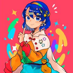 Rule 34 | 1girl, blue eyes, blue hair, blush, cape, closed mouth, dress, earrings, hair between eyes, hair ornament, hairband, hairclip, highres, index finger raised, jewelry, long sleeves, multicolored hairband, patchwork clothes, pink background, rainbow gradient, s hirono28, short hair, smile, solo, tenkyuu chimata, touhou, upper body, white cape
