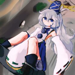 Rule 34 | 1girl, :3, absurdres, blue eyes, blue footwear, blue hat, blue skirt, closed mouth, commentary, day, detached sleeves, english commentary, full body, grey hair, hat, highres, iesonatana, long hair, long sleeves, midair, mononobe no futo, outdoors, pom pom (clothes), ribbon-trimmed sleeves, ribbon trim, shirt, skateboard, skateboarding, skirt, sleeveless, sleeveless shirt, sleeves past fingers, sleeves past wrists, smile, solo, tate eboshi, touhou, v-shaped eyebrows, white shirt, wide sleeves