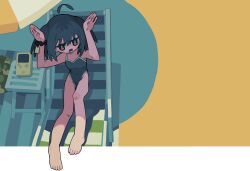 Rule 34 | 1girl, ahoge, alternate costume, arms up, barefoot, beach chair, beach umbrella, black hair, chinese commentary, commentary, covered navel, detached ahoge, from above, frown, full body, game boy, handheld game console, highleg, highleg swimsuit, highres, jitome, litamisu, open mouth, rabbit pose, reclining, red eyes, school swimsuit, scrunchie, shade, short hair, solo, swimsuit, touhoku kiritan, twintails, umbrella, v-shaped eyebrows, voiceroid, wrist scrunchie