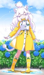 Rule 34 | 1girl, animal ears, boots, commentary request, drawstring, closed eyes, flower, hood, hood down, hydrangea, japari symbol, kemono friends, kemono friends 3, lion ears, lion girl, lion tail, long hair, musical note, puddle, raincoat, rubber boots, smile, solo, tail, white hair, white lion (kemono friends), yamai, yellow footwear, yellow raincoat