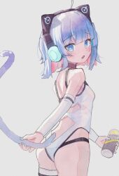 Rule 34 | 1girl, :o, absurdres, animal ear headphones, animal ears, ass, bare shoulders, black choker, blue eyes, blue hair, blue nails, blush, breasts, can, cat ear headphones, cat girl, cat tail, choker, colored inner hair, cowboy shot, dot nose, drink, drink can, fake animal ears, fang, from behind, headphones, highleg, highleg leotard, highres, holding, holding drink, holding own tail, indie virtual youtuber, kanzarin (vtuber), leotard, looking at viewer, looking back, medium hair, multicolored hair, nail polish, open mouth, pink hair, simple background, skin fang, small breasts, soda can, solo, tail, virtual youtuber, waterjetoctopus, white background, white leotard