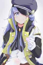 Rule 34 | 1girl, asari nanami, bad id, bad pixiv id, black hat, blue eyes, blue hair, cosplay, dot nose, e sky rugo, gloves, hair ornament, hat, highres, idolmaster, idolmaster cinderella girls, idolmaster side-m, jacket, koron chris, koron chris (cosplay), long hair, long sleeves, looking at viewer, multicolored clothes, multicolored jacket, necktie, one eye closed, pointing, pointing at viewer, shirt, simple background, smile, solo, two-tone neckwear, watch, white background, white gloves, white shirt