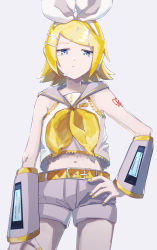 Rule 34 | 1girl, arm warmers, bare shoulders, belt, blonde hair, blue eyes, bow, commentary, cowboy shot, crop top, grey background, grey shorts, grey sleeves, hair bow, hair ornament, hairclip, half-closed eyes, hand on own hip, headphones, headset, highres, kagamine rin, light frown, looking down, midriff, nail polish, navel, neckerchief, sailor collar, shimeji (user fkzg7225), shirt, short hair, short shorts, shorts, shoulder tattoo, sleeveless, sleeveless shirt, swept bangs, tattoo, vocaloid, white bow, white shirt, yellow nails, yellow neckerchief