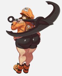 Rule 34 | 1girl, absurdres, ass, backpack, bag, bike shorts, boots, brown eyes, brown hair, eric lowery, from behind, guilty gear, hat, highres, huge ass, looking at viewer, looking back, may (guilty gear), pickaxe, simple background, solo, thick thighs, thighs, white background