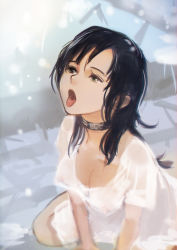 Rule 34 | 1girl, absurdres, arms between legs, black hair, breasts, choker, cleavage, covered erect nipples, dress, highres, long hair, medium breasts, nipples, no bra, okuto, open mouth, oral invitation, original, see-through, sitting, snow, solo, tareme, tongue, tongue out, wariza, white dress