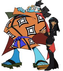 Rule 34 | 1boy, 1girl, absurdres, black hair, blue eyes, blue skin, boots, cape, closed mouth, collared jacket, colored skin, crossed arms, curly eyebrows, eslam aboshady, fish boy, full body, geta, height difference, highres, jacket, japanese clothes, jinbe (one piece), kimono, legs apart, light smile, long hair, long sleeves, looking at viewer, nico robin, one piece, simple background, standing, tan, thigh boots, thighhighs, toes, topknot, tusks, v-shaped eyebrows, white background, zettai ryouiki