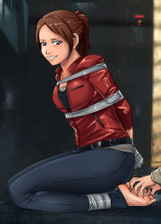 Rule 34 | 1girl, absurdres, blue eyes, bound, bound ankles, bound torso, bound wrists, breasts, brown hair, capcom, claire redfield, highres, legs, lost one zero, medium breasts, resident evil, resident evil 2, seiza, shirt, shorts, sitting, smile, sweat, thighs, tickling
