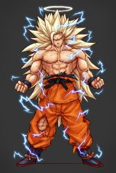 Rule 34 | 1boy, abs, absurdres, aura, blonde hair, boots, clenched hand, closed mouth, collarbone, dougi, dragon ball, dragonball z, facing viewer, full body, furrowed brow, green eyes, guillem dauden, halo, highres, large pectorals, lightning, long hair, male focus, muscular, muscular male, no eyebrows, orange pants, pants, pectorals, sash, solo, son goku, spiked hair, super saiyan, super saiyan 3, topless male, torn clothes, torn pants, veins, very long hair