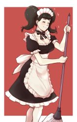 Rule 34 | 1girl, apron, black dress, bow choker, breasts, brown hair, chief (91m10), collarbone, dress, closed eyes, frilled apron, frilled dress, frilled sleeves, frills, highres, holding, holding mop, kawakami sadayo, large breasts, maid, maid apron, maid headdress, mop, persona, persona 5, puffy short sleeves, puffy sleeves, red background, short sleeves, simple background, smile, solo, sparkle, twintails, two-tone background, waist apron, white apron, white background