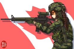 Rule 34 | 1girl, aiming, ammunition pouch, assault rifle, braid, braided ponytail, brown hair, camouflage, canadian flag, from side, glasses, gloves, gun, hair between eyes, headphones, helmet, highres, holding, holding gun, holding weapon, knife, medium hair, military, military uniform, ndtwofives, original, pouch, rifle, safety glasses, scope, sheath, sheathed, single braid, soldier, solo, standing, tagme, uniform, weapon