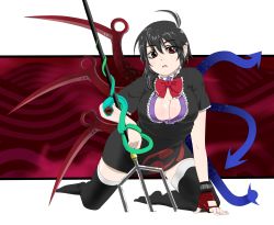 Rule 34 | 1girl, bad id, bad pixiv id, black hair, black thighhighs, breasts, cleavage, female focus, highres, houjuu nue, large breasts, md5 mismatch, polearm, red eyes, shigeruoomi, short hair, snake, solo, spear, thighhighs, touhou, trident, weapon, wings, zettai ryouiki