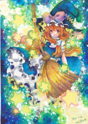 Rule 34 | 1girl, bow, broom, colorful, dated, dress, female focus, frills, gathers, hat, highres, kirisame marisa, long hair, marker (medium), matching hair/eyes, mosho, open mouth, orange eyes, orange hair, painting (medium), signature, smile, solo, star (symbol), touhou, traditional media, watercolor (medium), witch, witch hat