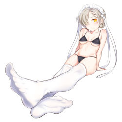 Rule 34 | 1girl, alternate costume, arm support, azur lane, bikini, black bikini, braid, breasts, cameltoe, closed mouth, collarbone, commentary request, crossed legs, feet, foreshortening, french braid, full body, guiltypink n, hair over one eye, hair ribbon, highres, invisible floor, looking at viewer, maid headdress, medium breasts, micro bikini, navel, no shoes, partial commentary, ribbon, sheffield (azur lane), silver hair, simple background, sitting, solo, swimsuit, thighhighs, underboob, white background, white ribbon, white thighhighs, yellow eyes
