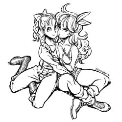 Rule 34 | 10s, 2014, 2girls, ;o, artist name, asymmetrical docking, bare legs, boots, braid, breast press, breasts, bulma, couple, dated, dragon ball, female focus, friends, greyscale, hair ribbon, hug, imminent kiss, jacket, kinuko (kinucakes), legs, long hair, looking at viewer, lunch (bad) (dragon ball), lunch (dragon ball), monochrome, multiple girls, one eye closed, open mouth, pants, ponytail, ribbon, shorts, simple background, single braid, sitting, smile, symmetrical docking, tank top, white background, wink, yuri