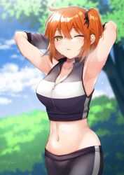 Rule 34 | 1girl, armpits, arms behind head, blurry, blurry background, breasts, bush, cloud, collarbone, fate/grand order, fate (series), fujimaru ritsuka (female), fujimaru ritsuka (female) (counter stretch), highres, ichi kq, large breasts, midriff, navel, one eye closed, open mouth, orange hair, partially unzipped, side ponytail, solo, sportswear, sweat, tree, yellow eyes, zipper pull tab