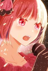 1girl arima_kana blush bob_cut brown_gloves dress feyku gloves hair_ornament highres holding holding_microphone medium_hair microphone open_mouth oshi_no_ko red_dress red_hair short_hair solo tears teeth tongue upper_teeth_only