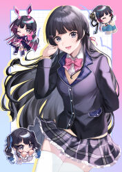 Rule 34 | absurdres, arms behind back, black eyes, black hair, black jacket, blazer, blush, bow, bowtie, braid, breasts, cardigan vest, chibi, french braid, hair ornament, hairclip, highres, hijiri (sacra 0419), jacket, long hair, looking at viewer, medium breasts, mini person, multiple girls, necktie, nijisanji, open mouth, pink bow, pink bowtie, plaid, plaid skirt, purple necktie, skirt, smile, thighhighs, tsukino mito, tsukino mito (1st costume), tsukino mito (china dress), virtual youtuber, white thighhighs