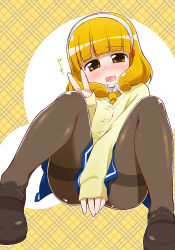 Rule 34 | 10s, 1girl, argyle, argyle background, argyle clothes, ass, bad id, bad pixiv id, bakutendou, black pantyhose, blonde hair, blush, cardigan, checkered background, covering crotch, covering privates, embarrassed, hairband, kise yayoi, legs, loafers, looking at viewer, miniskirt, necktie, pantyhose, precure, saliva, school uniform, shoes, sitting, skirt, smile precure!, solo, spread legs, thighband pantyhose, v, white hairband, yellow background, yellow theme