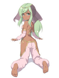 Rule 34 | 1girl, ass, baggy pants, bare shoulders, barefoot, blush, breasts, butt crack, circlet, dancer, dark-skinned female, dark skin, feet, full body, green eyes, green hair, hip vent, jewelry, long hair, looking at viewer, matching hair/eyes, midriff, no panties, original, pants, sasaame, simple background, small breasts, smile, soles, solo, toes, veil, white background