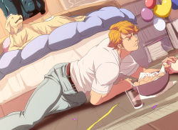 Rule 34 | 10s, 1boy, balloon, bed, blonde hair, blue eyes, chips (food), confetti, cup, denim, dog, food, imasan, indoors, jeans, john (tiger &amp; bunny), keith goodman, male focus, pants, potato chips, short hair, solo, tiger &amp; bunny