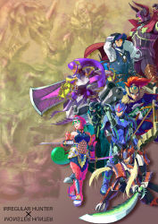 Rule 34 | 2girls, 5boys, adapted costume, android, armor, arrow (projectile), axl (mega man), bare shoulders, belt, blonde hair, blue eyes, boots, bow (weapon), breasts, buttons, capcom, cape, choker, commentary request, crossover, dual wielding, dynamo (mega man), fake horns, tooth necklace, fishnets, full body, gammoth (armor), gloves, glowing, glowing eye, glowing eyes, glowing weapon, goggles, goggles on headwear, gore magala (armor), green hair, gun, hair between eyes, hand on headwear, hand on own head, hat, headgear, helmet, highres, holding, holding bow (weapon), holding sword, holding weapon, horned helmet, horns, hudy8358, huge weapon, japanese armor, jewelry, joints, katana, large breasts, layer (mega man), long coat, long hair, looking to the side, marino (mega man), mechanical hands, mega man (series), mega man x8, mega man x: command mission, x (mega man), mega man x (series), midriff, mizutsune (armor), monster hunter (series), monster hunter xx, multiple belts, multiple boys, multiple girls, nargacuga (armor), navel, necklace, open mouth, rathalos (armor), red eyes, rhopessa (armor), robot joints, serious, sheath, shield, shoulder armor, shoulder cannon, shoulder pads, shoulder spikes, sigma (mega man), silver hair, single mechanical hand, smile, sode, spiked armor, spikes, standing, sword, very long hair, vile (mega man), weapon, zero (mega man)