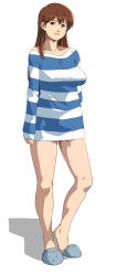 Rule 34 | 1girl, breasts, brown eyes, brown hair, feet, full body, ganto, highres, legs, lips, long hair, looking at viewer, perky breasts, pointy breasts, shirt, simple background, slippers, solo, striped clothes, striped shirt, thighs, white background