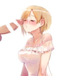 Rule 34 | 1girl, aiba yumi, bar censor, bare shoulders, blonde hair, blush, casino (casinoep), censored, commentary request, cum, cum in mouth, dress, closed eyes, facial, frilled dress, frills, idolmaster, idolmaster cinderella girls, penis, short hair, simple background, solo focus, white background, white dress