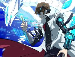 Rule 34 | 1boy, armlet, belt, black pants, blue eyes, brown hair, card, coat, commentary, cropped legs, deep-eyes white dragon, dragon, duel disk, duel monster, high collar, holding, holding card, kaiba seto, male focus, open clothes, open coat, open mouth, pants, profile, sharp teeth, short hair, tamaon, teeth, white coat, wings, yu-gi-oh!, yu-gi-oh! duel monsters, yu-gi-oh! the dark side of dimensions