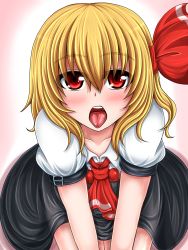 Rule 34 | 1girl, blonde hair, highres, looking at viewer, open mouth, pov, red eyes, ribbon, rumia, sitting, solo, suikyou (aqua cities), tongue, touhou
