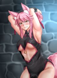 Rule 34 | 1girl, animal ear fluff, animal ears, armpits, bare shoulders, black dress, blush, bound, bound wrists, breasts, chain, china dress, chinese clothes, dress, drie, fang, fate/grand order, fate (series), fox ears, fox tail, frown, glasses, hair between eyes, hair ribbon, highres, koyanskaya (fate), large breasts, navel, one eye closed, orange eyes, pink hair, pink ribbon, ribbon, side slit, solo, tail, tamamo (fate), tamamo no mae (fate/extra), white-framed eyewear, yellow eyes