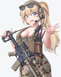 Rule 34 | 1girl, armpit peek, assault rifle, blonde hair, blue eyes, breasts, camouflage, chest rig, cleavage, crop top, desert camouflage, eyewear on head, glasses, green pants, green tank top, gun, headset, highres, kzm (sub-moa works), large breasts, long hair, looking at viewer, mk 12 spr, open mouth, optical sight, original, pants, ponytail, rifle, smile, solo, tank top, walkie-talkie, weapon, white background