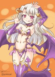 Rule 34 | 1girl, 2015, aoi masami, armpits, bare shoulders, breasts, cleavage, clothing cutout, cosplay, dated, demon girl, demon horns, demon tail, detached sleeves, empty eyes, fate/grand order, fate/stay night, fate (series), full body, garter straps, halloween princess, heart, heart-shaped pupils, heart cutout, horns, illyasviel von einzbern, irisviel von einzbern, irisviel von einzbern (cosplay), irisviel von einzbern (halloween princess), long hair, looking at viewer, low wings, navel, pubic cutout, purple thighhighs, red eyes, revealing clothes, revision, silver hair, small breasts, smirk, solo, symbol-shaped pupils, tail, teeth, thighhighs, tongue, tongue out, twitter username, wings