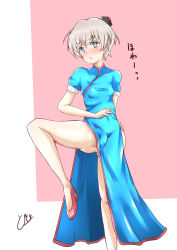 Rule 34 | 1girl, blue dress, blue eyes, china dress, chinese clothes, cowboy shot, dress, fighting stance, hat, high heels, highres, kantai collection, leg up, looking at viewer, no panties, panties, pink background, pumps, red footwear, short hair, silver hair, solo, standing, standing on one leg, tokin hat, tokiziku, two-tone background, underwear, z1 leberecht maass (kancolle)