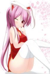 Rule 34 | 1girl, alternate costume, animal ears, ass, bad id, bad pixiv id, chimunge, china dress, chinese clothes, dress, female focus, finger to face, highres, long hair, no bra, no panties, one eye closed, purple hair, rabbit ears, red dress, red eyes, red skirt, reisen udongein inaba, skirt, sleeveless, sleeveless dress, solo, thighhighs, touhou, white thighhighs, wink