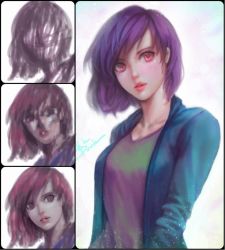Rule 34 | 1girl, aqua shirt, commentary, english commentary, lips, looking at viewer, open clothes, open shirt, parted lips, pink eyes, pink lips, purple hair, shirt, short hair, solo, speedpaint
