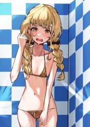 1girl bikini blonde_hair blush braid commentary_request commission cowboy_shot flat_chest fujita_kotone gakuen_idolmaster gold_bikini halterneck highres idolmaster long_hair looking_at_viewer navel nervous_sweating skeb_commission solo solokitsune standing stomach string_bikini sweat swimsuit twin_braids yellow_eyes