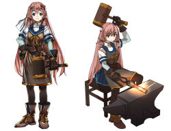 Rule 34 | 10s, 1girl, adapted costume, akashi (kancolle), anvil, apron, arm up, bandana, belt, blacksmith, blue skirt, boots, breasts, brown footwear, brown gloves, brown pantyhose, chair, commentary request, frown, full body, gloves, glowing hot, green eyes, hair ornament, hammer, kantai collection, long hair, long sleeves, looking at viewer, metal, multiple views, pantyhose, pink hair, ribbon, ruisento, school uniform, serafuku, short sleeves, simple background, sitting, skirt, smile, spread legs, standing, tongs, tools, twintails, very long hair, white background