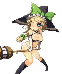 Rule 34 | 1girl, adapted costume, bad anatomy, bad proportions, blonde hair, blue eyes, bow, braid, breasts, broom, cleavage, comcom, elbow gloves, female focus, gloves, hat, kirisame marisa, large breasts, navel, one eye closed, panties, poorly drawn, revealing clothes, short hair, solo, touhou, underwear, wink, witch hat