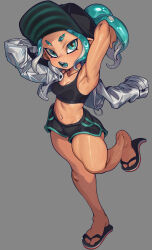 Rule 34 | 1girl, aqua hair, aqua trim, arm out of sleeve, armpits, arms behind head, arms up, baseball cap, black footwear, black hat, black shorts, black sports bra, blue eyes, blue hair, blue tongue, blush, breasts, cleavage, collarbone, colored tongue, dolphin shorts, eyebrow cut, fangs, feet, female focus, grey background, grey jacket, hat, highres, jacket, knees together feet apart, leg up, legs, light blush, looking at viewer, medium breasts, midriff, navel, nintendo, octoling, octoling girl, octoling player character, open clothes, open jacket, open mouth, ponytail, sandals, shiny skin, short hair, short shorts, shorts, sidelocks, simple background, single bare shoulder, solo, splatoon (series), sports bra, standing, standing on one leg, stomach, suction cups, teeth, thighs, tongue, tying hair, v-shaped eyebrows, waa153