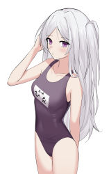 Rule 34 | 1girl, absurdres, bare arms, bare shoulders, black one-piece swimsuit, blue archive, blush, breasts, closed mouth, collarbone, covered navel, grey hair, hand up, highres, hina (blue archive), hina (swimsuit) (blue archive), long hair, looking at viewer, nagisa (cxcx5235), name tag, one-piece swimsuit, one side up, parted bangs, purple eyes, school swimsuit, simple background, single hair intake, small breasts, solo, swimsuit, very long hair, white background